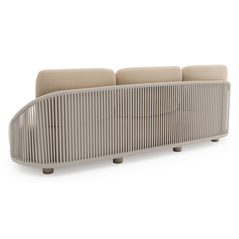 Canapé de jardin Vadelo en aluminium beige et corde ronde tissée verticalement beige et coussins en all weather sunbrella® luxe natte heather beige