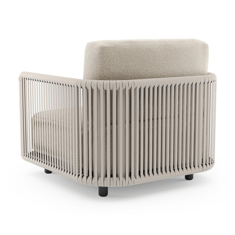 Organo loungestoel in zwart aluminium en beige verticaal geweven luxe vlakke rope met marbella ecru all weather Cosytica kussen