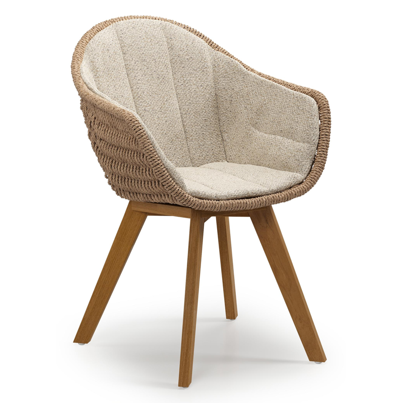 Chaise de jardin Pagino en teck naturel et résine tressée ronde naturel avec coussin en All Weather Cosytica Bora Desert