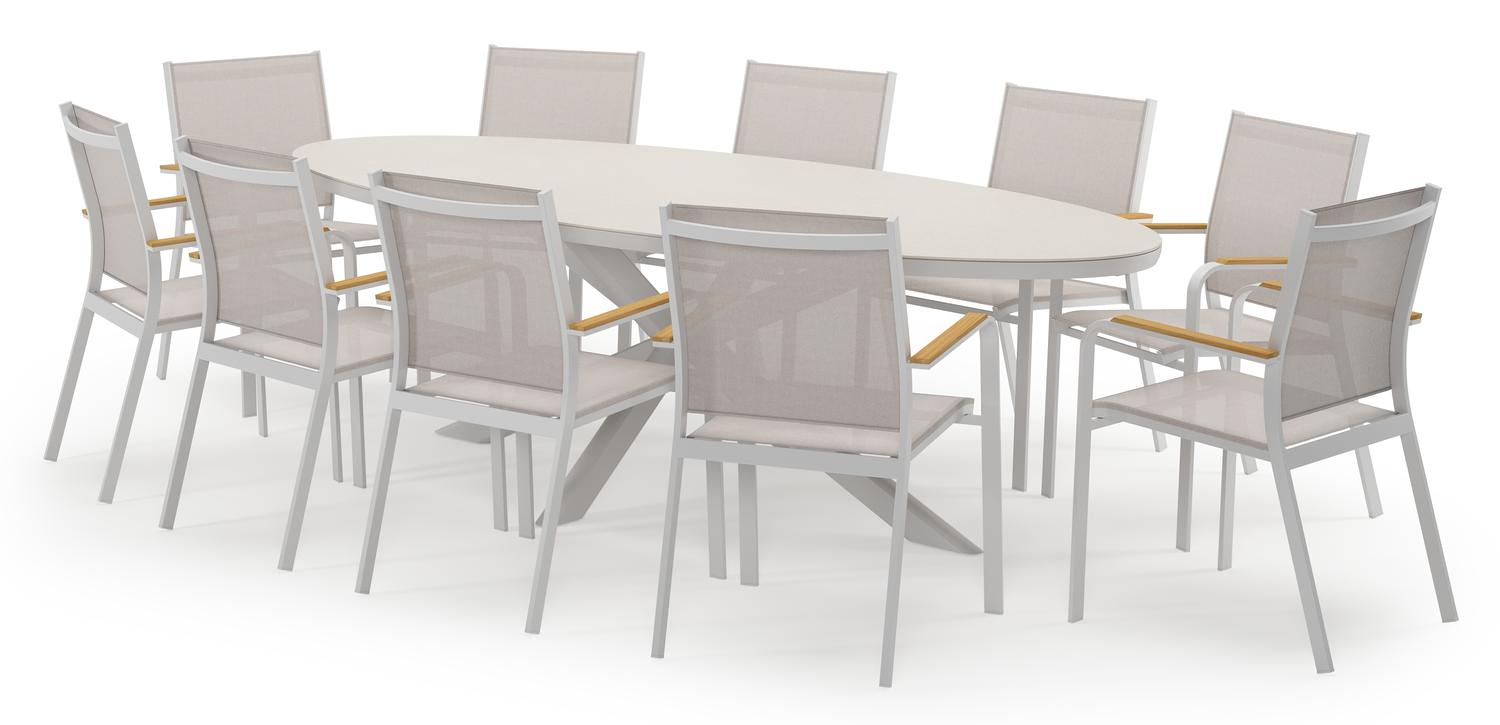 Pamplona ensemble de jardin ovale en aluminium blanc en sintered stone crema minerale avec 10 chaises de jardin Amalfi