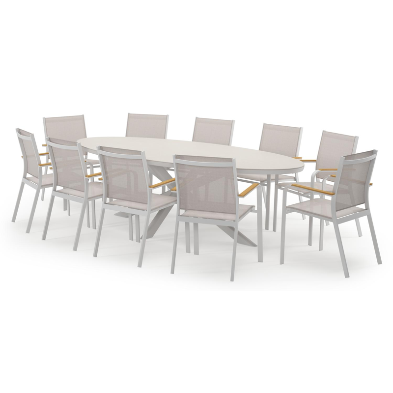 Pamplona ovale tuinset in wit aluminium en sintered stone crema minerale met 10 Amalfi tuinstoelen