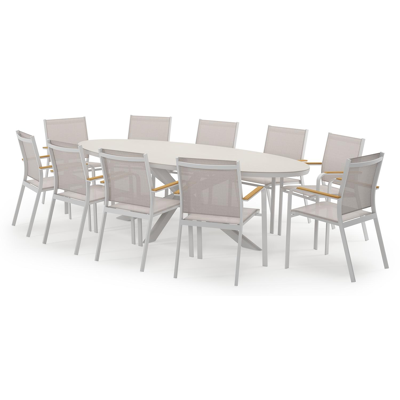 Pamplona ovale tuinset in wit aluminium en sintered stone crema minerale met 10 Amalfi tuinstoelen