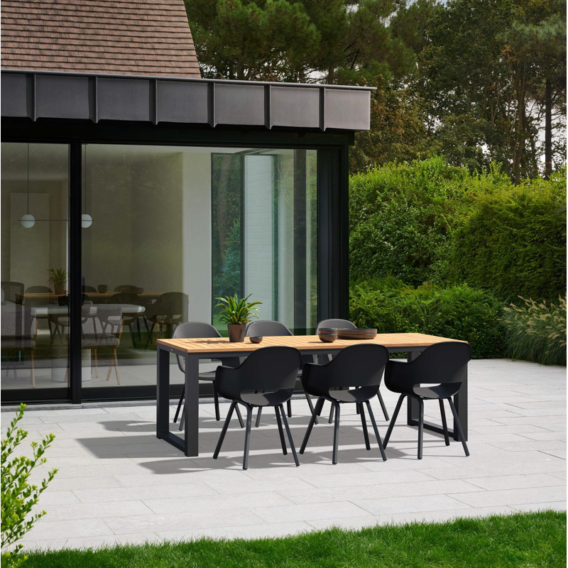 Livo tuinset in zwart aluminium en naturel teak tafelblad met 6 Artena tuinstoelen