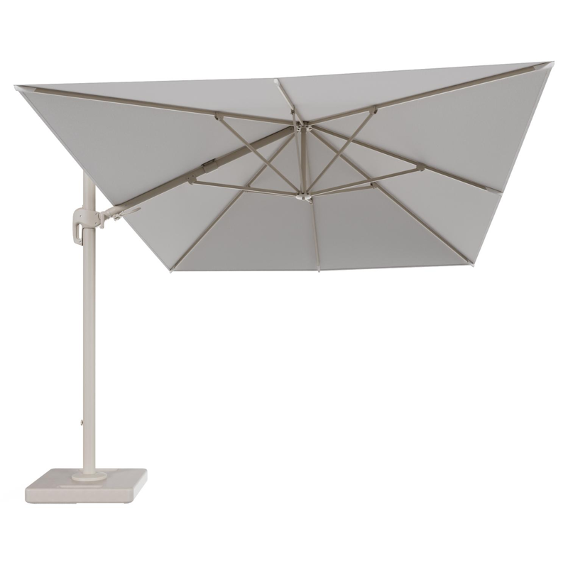 Rufina zweefparasol tiltfunctie in beige aluminium en parasoldoek in All Weather Solica Soul Optik - L1 400 x L2 300 cm met parasolvoet Lapido 160 kg