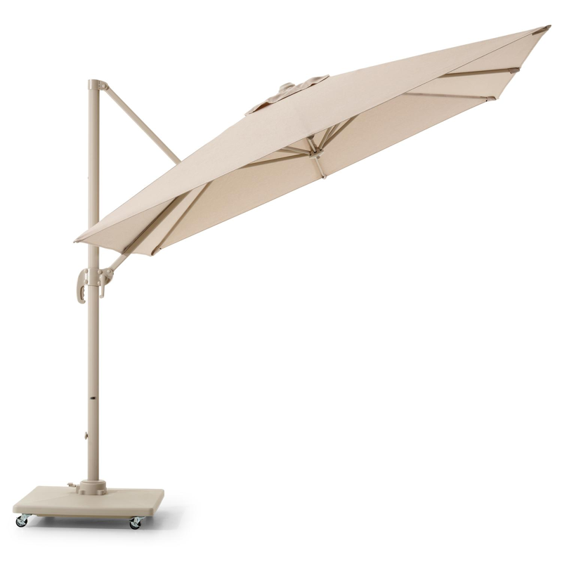 Calpe zweefparasol in beige aluminium en beige Weather+ Softtouch parasoldoek - L1 270 x L2 270 cm met Calpe parasolvoet 70 kg