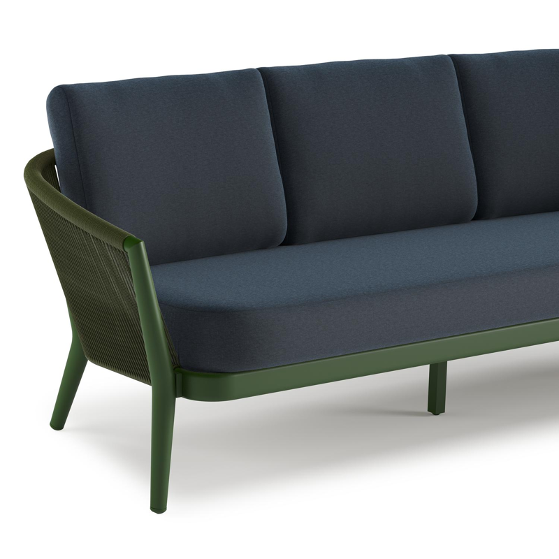 Orso loungeset in groen aluminium en groen verticaal geweven ronde rope met Heritage Indigo All Weather Sunbrella® luxe kussen