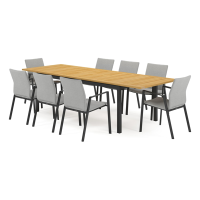 Ensemble de jardin Amalfi avec table extensible en aluminium noir avec plateau de table en teck et 8 chaises de jardin empilables Madura