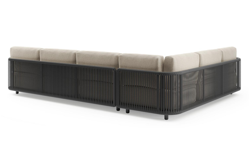 Organo loungehoek in zwart aluminium en zwart verticaal geweven luxe vlakke rope met marbella beige All Weather Cosytica kussens