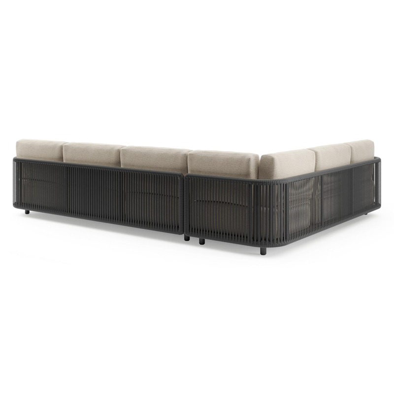 Organo loungehoek in zwart aluminium en zwart verticaal geweven luxe vlakke rope met marbella beige All Weather Cosytica kussens