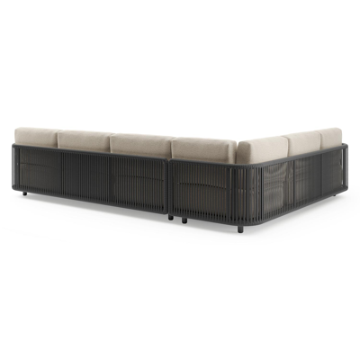 Organo loungehoek in zwart aluminium en zwart verticaal geweven luxe vlakke rope met marbella beige All Weather Cosytica kussens