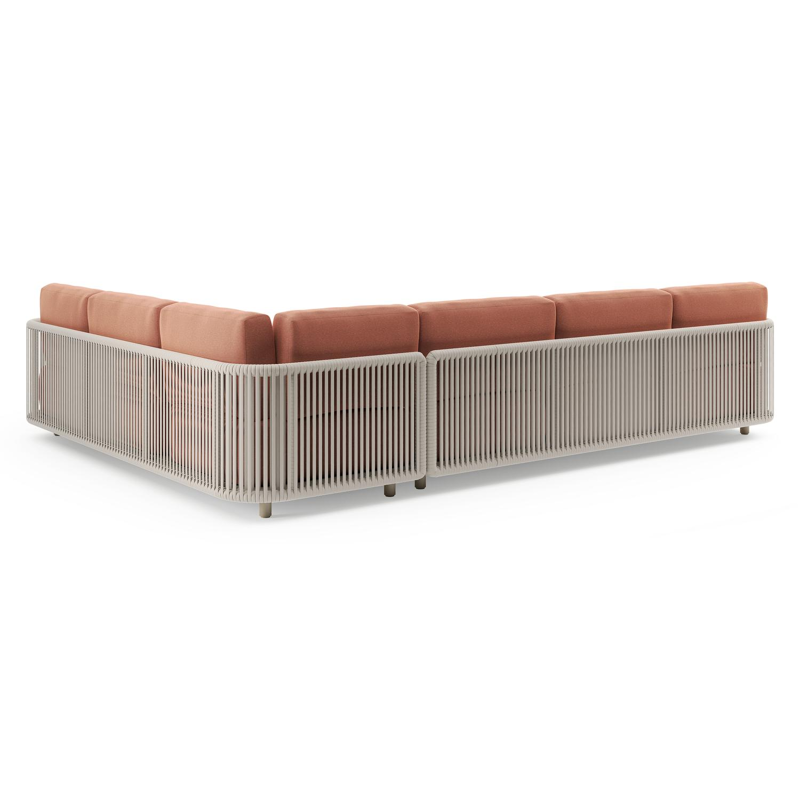 Organo loungehoek in beige aluminium en beige verticaal geweven luxe vlakke rope met heritage rust all weather Sunbrella® luxe kussen