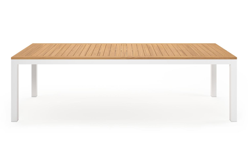 Ensemble de jardin Varese en aluminium blanc avec plateau de table en teck naturel et 10 chaises de jardin empilables Madura