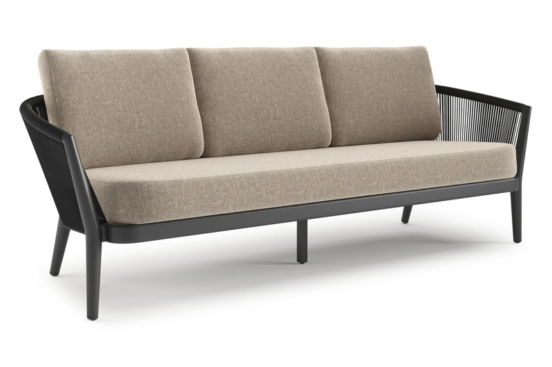 Orso loungebank in zwart aluminium en zwart verticaal geweven ronde rope met Chartres Pewter all weather sunbrella® luxe kussen