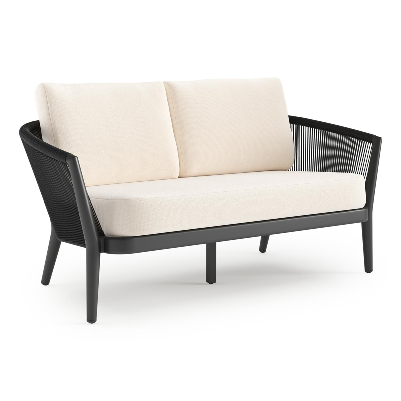 Orso loungebank in zwart aluminium en zwart verticaal geweven ronde rope met Lopi Snow all weather sunbrella® luxe kussen