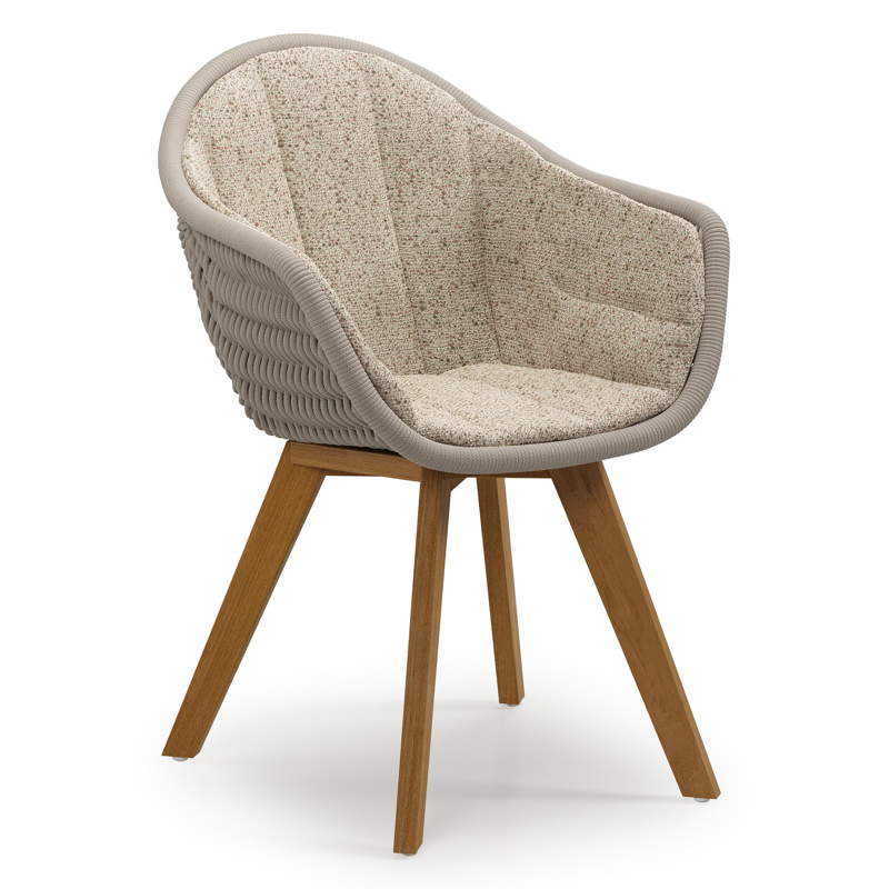 Pagino tuinstoel in teak en beige verticaal geweven ronde rope met zitkussen in All Weather Cosytica Bora Jungle