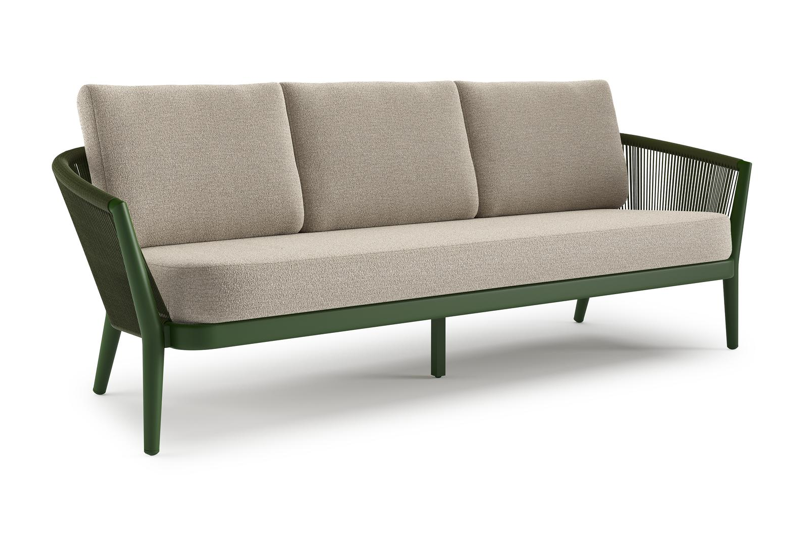 Canapé de jardin Orso en aluminium vert en corde ronde tissée verticalement vert et coussins en all weather cosytica Catania Greige