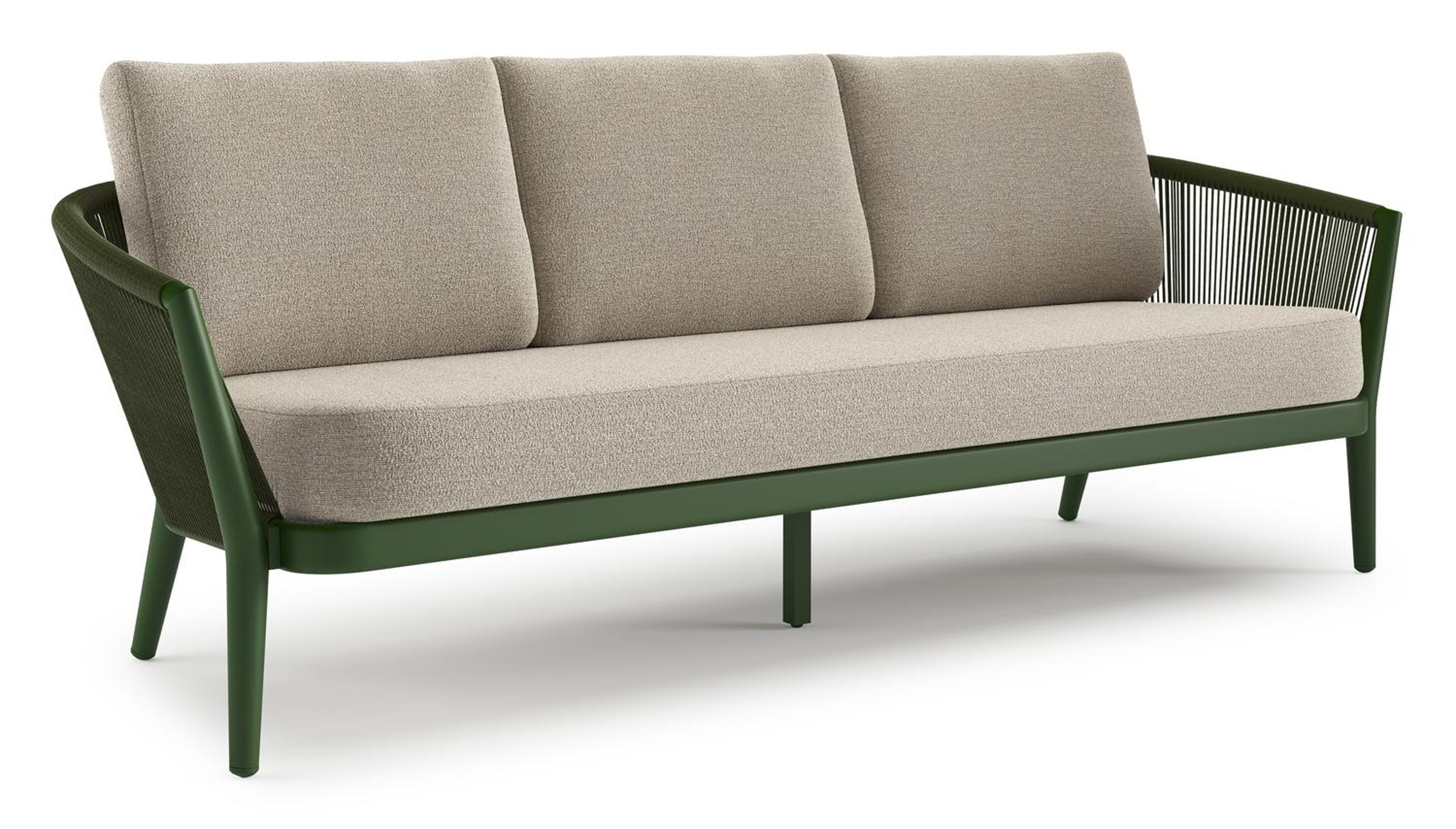 Orso loungebank in groen aluminium en groen verticaal geweven ronde rope met Catania Greige all weather cosytica kussen
