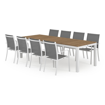 Varese tuinset in wit aluminium en teak naturel tafelblad met 8 stapelbare Calobra tuinstoelen