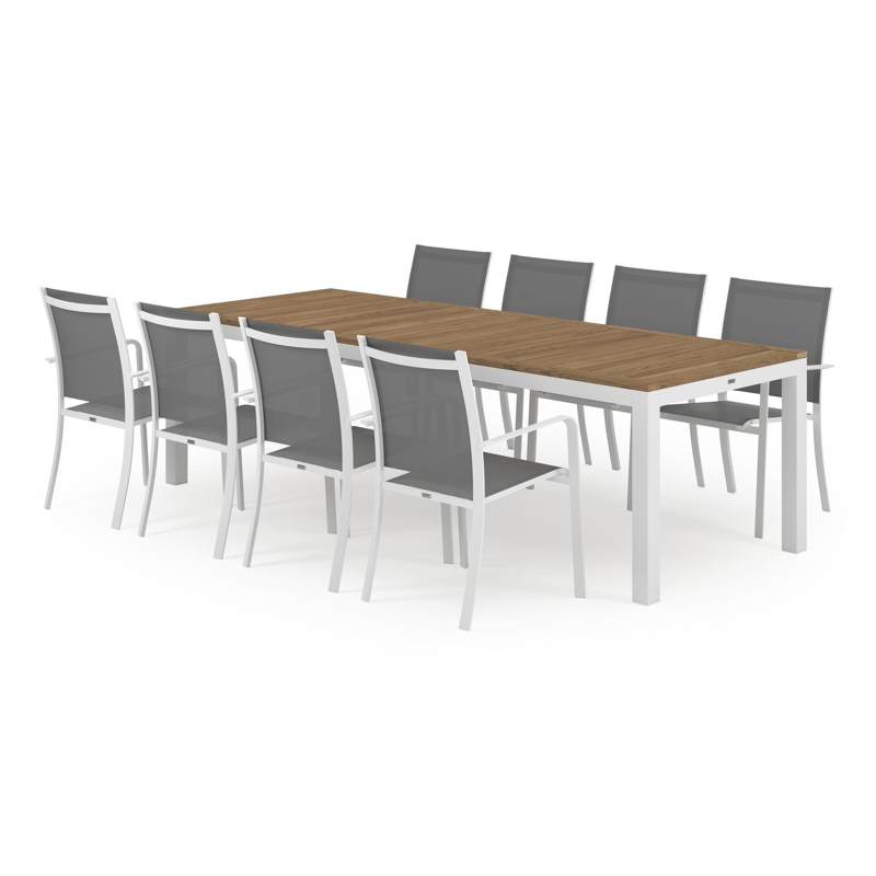 Varese tuinset in wit aluminium en teak naturel tafelblad met 8 stapelbare Calobra tuinstoelen