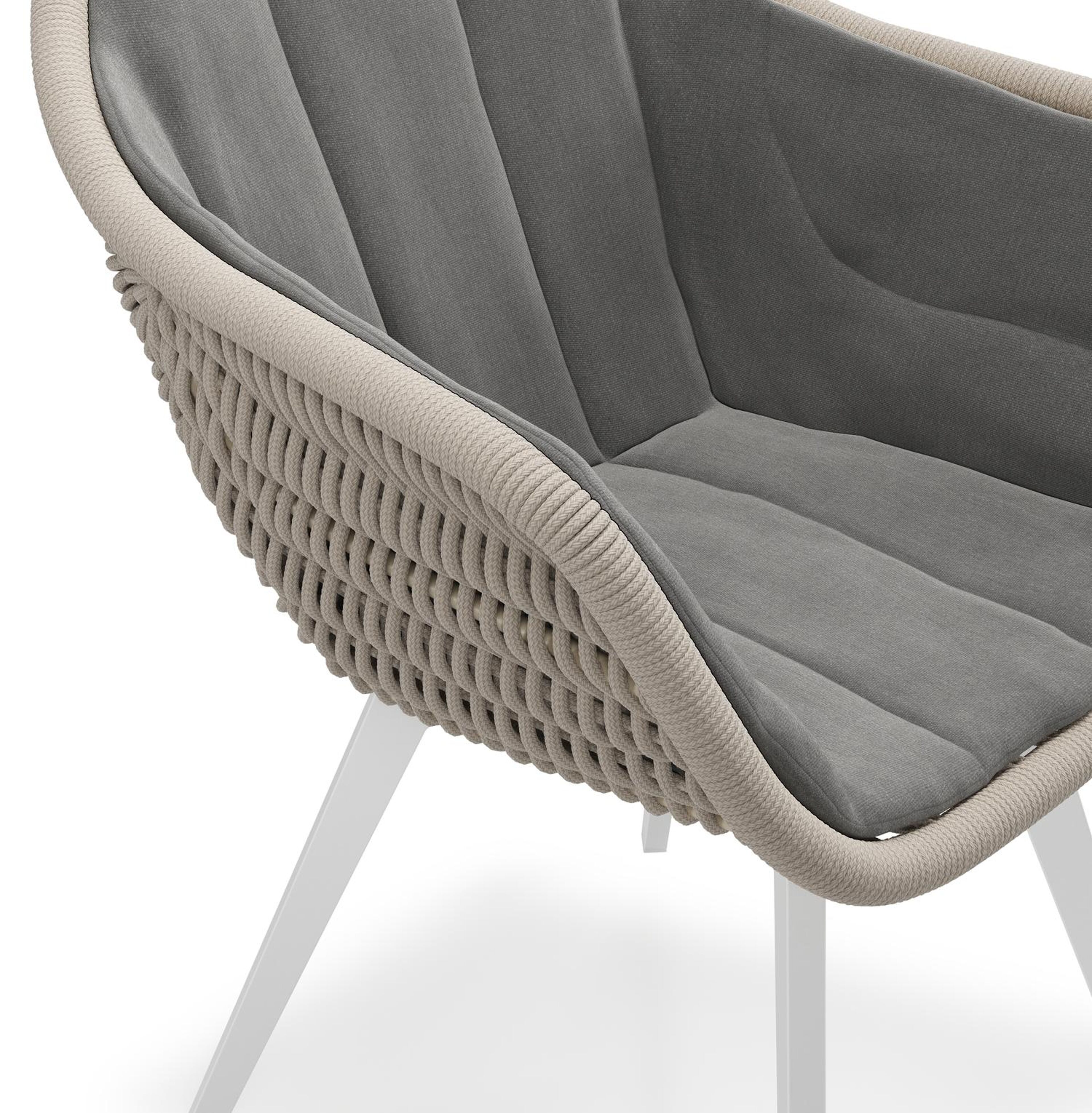 Pagino tuinstoel in wit aluminium en beige ronde wicker met kussen in natte charcoal chine all weather sunbrella® luxe