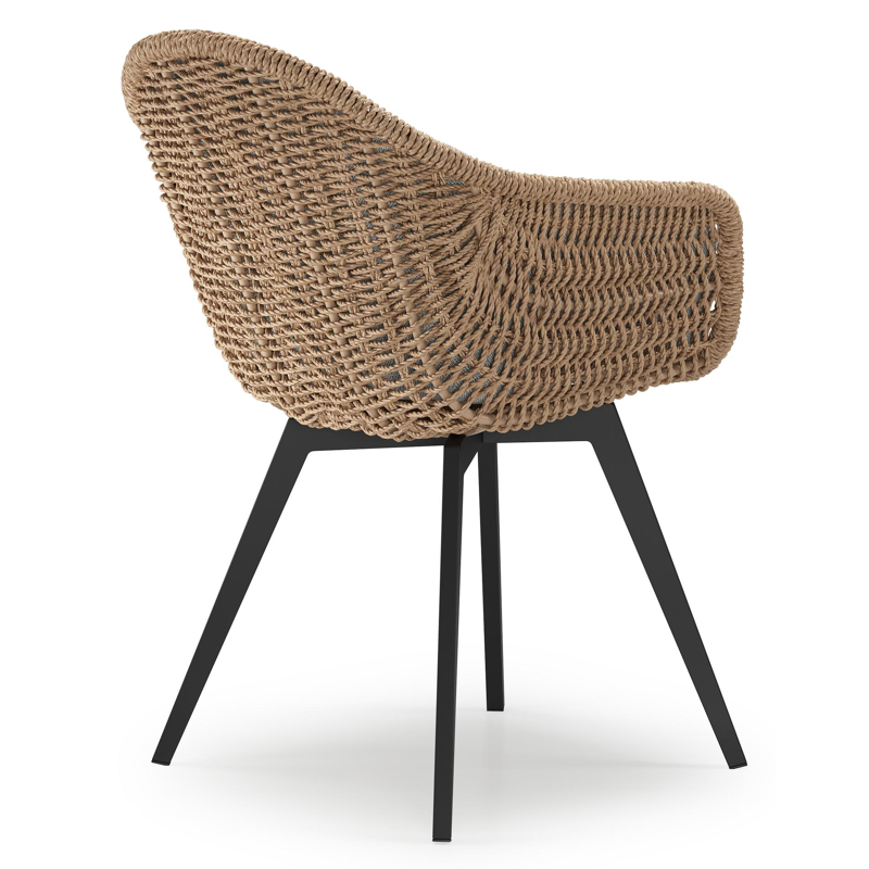 Pagino tuinstoel in zwart aluminium en naturel ronde wicker met zitkussen in All Weather Sunbrella® Luxe Savane Nimbus