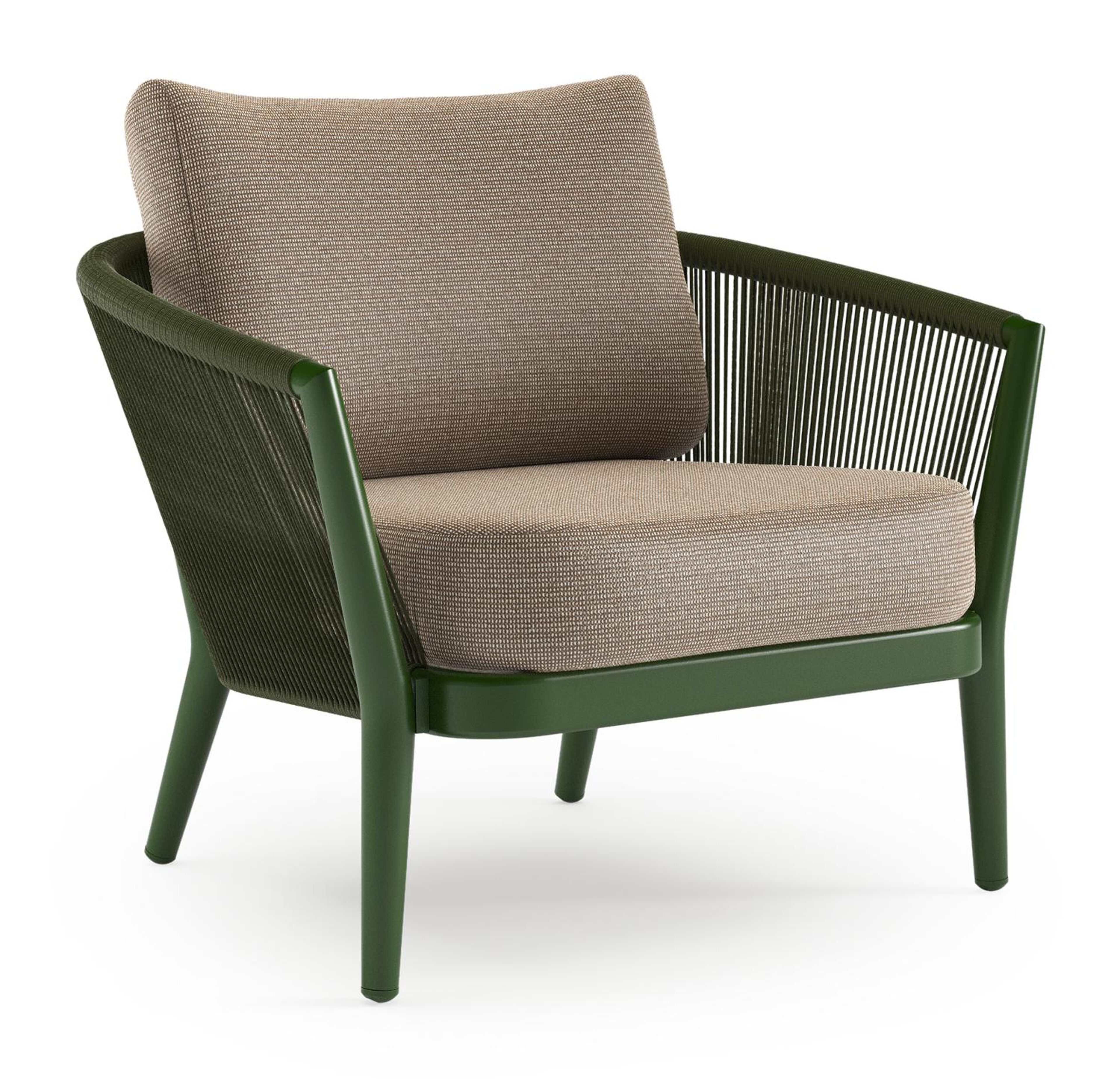 Orso loungestoel in groen aluminium en groen verticaal geweven ronde rope met Firenze Earth all weather solica kussen