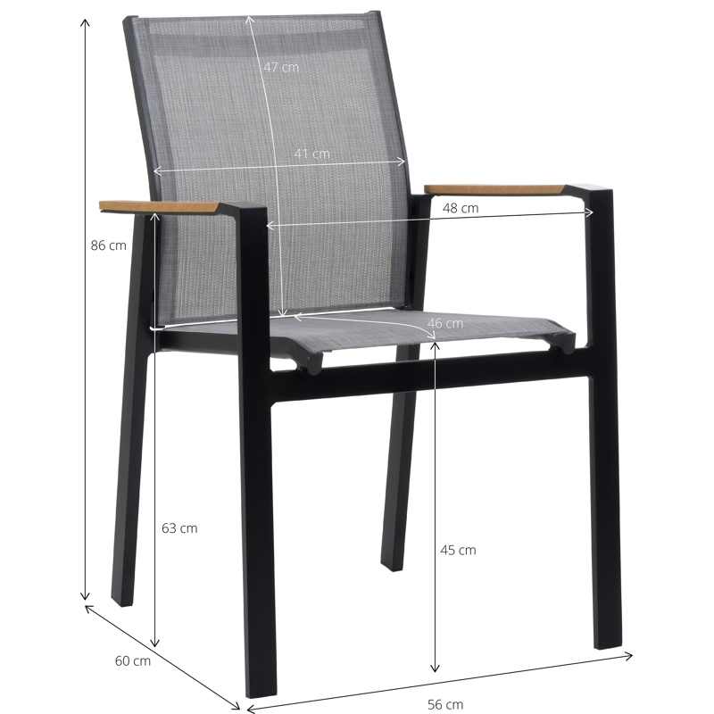 Tora tuinset in zwart aluminium en naturel polywood tafelblad met 4 stapelbare Bahia tuinstoelen