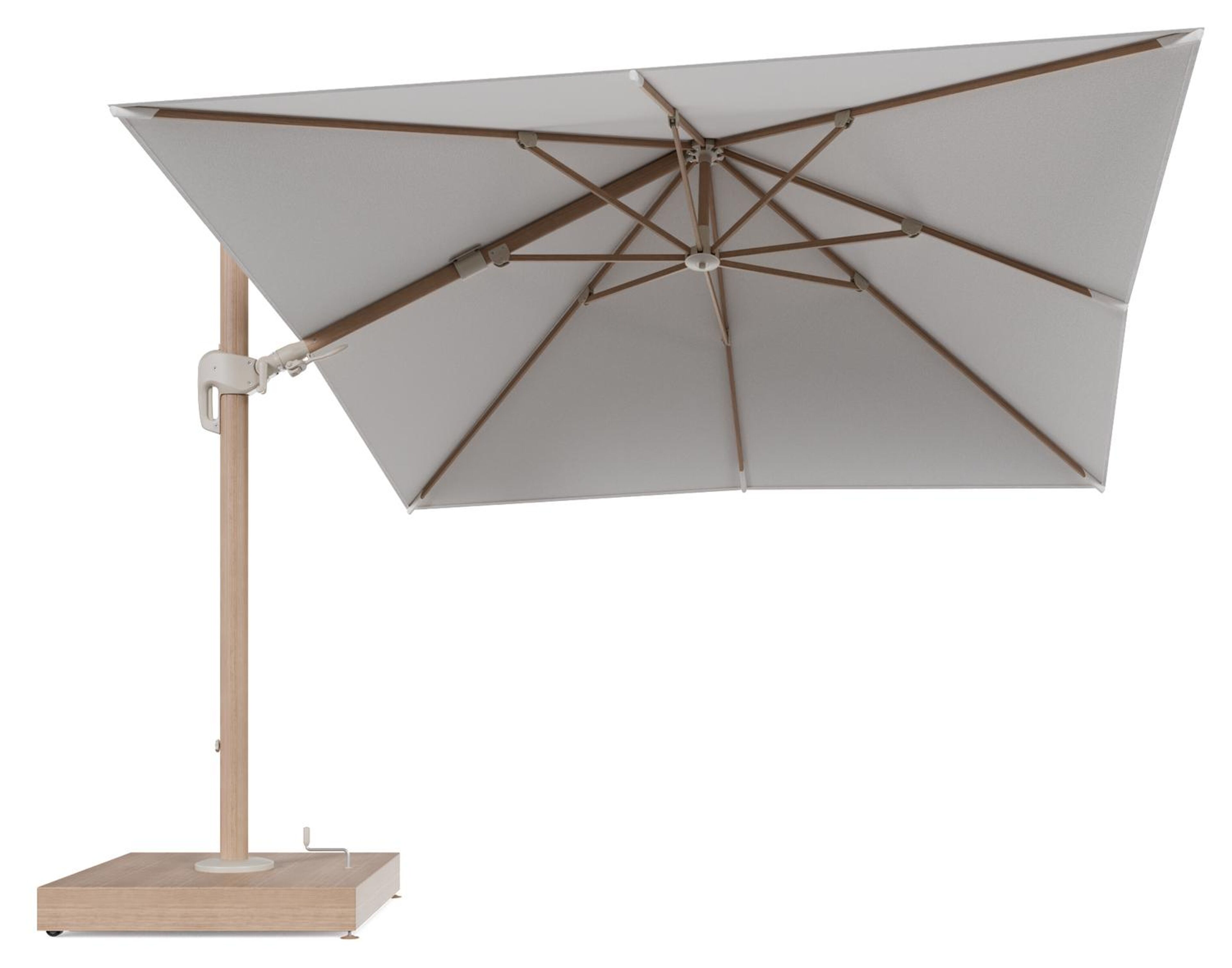 Rufina zweefparasol met tiltfunctie in houtlook aluminium en Soul Optik All Weather Solica parasoldoek - L1 300 x L2 300 cm met parasolvoet Minore 260 kg met wielen