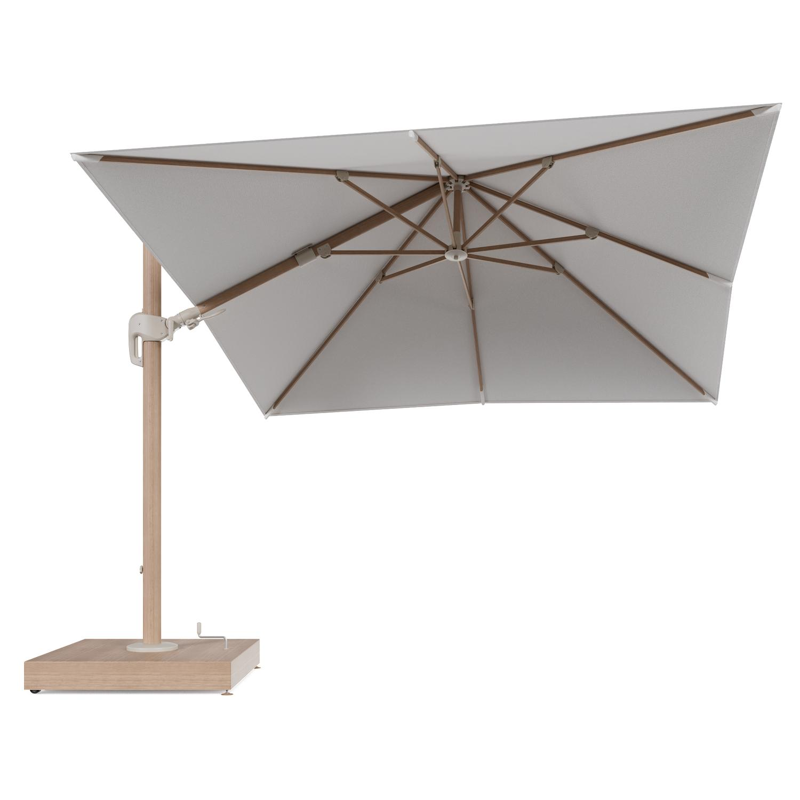 Rufina zweefparasol met tiltfunctie in houtlook aluminium en Soul Optik All Weather Solica parasoldoek - L1 300 x L2 300 cm met parasolvoet Minore 260 kg met wielen