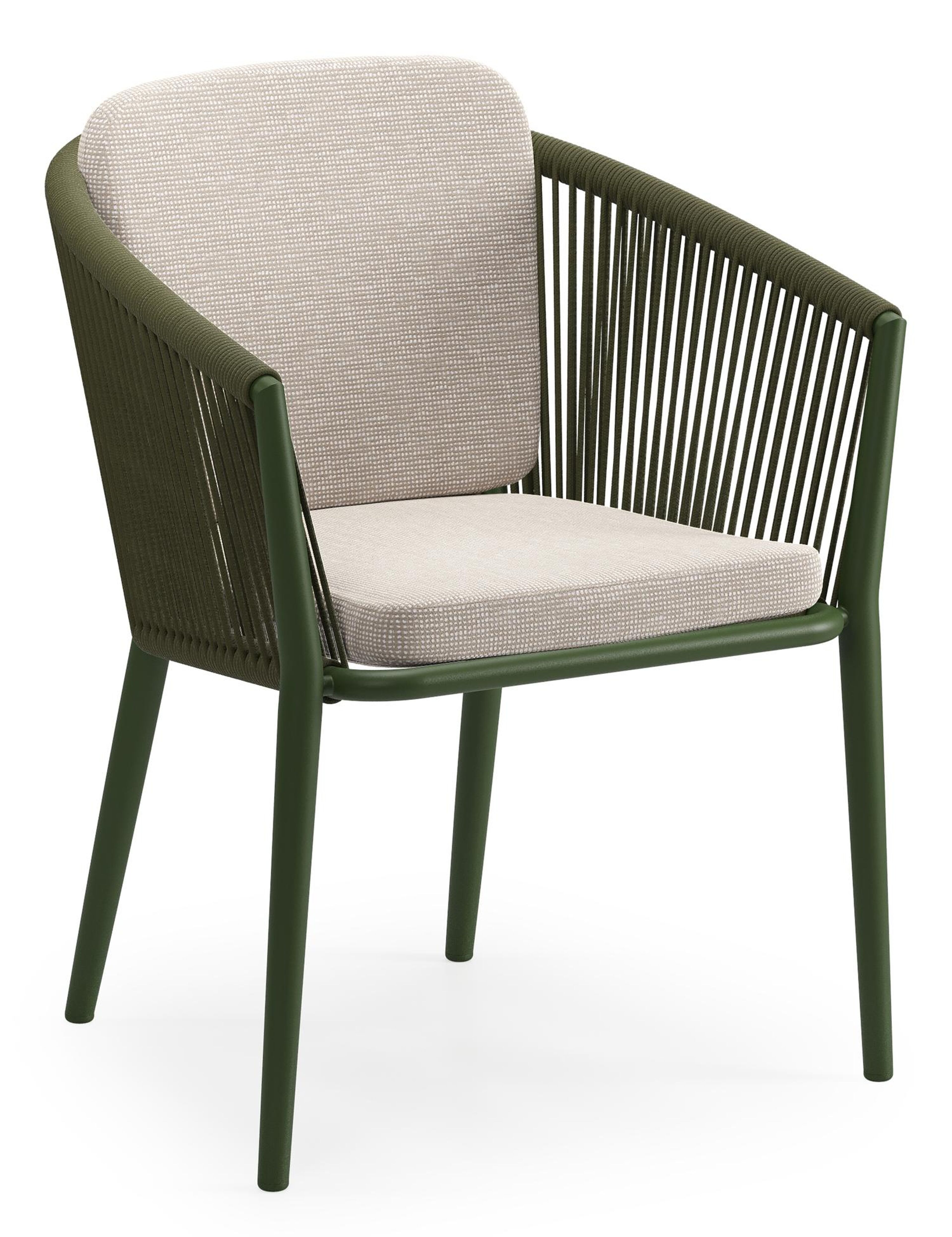 Orso tuinstoel in groen aluminium en groen verticaal geweven ronde rope met zitkussen in All Weather Sunbrella® Luxe Slow Farafra