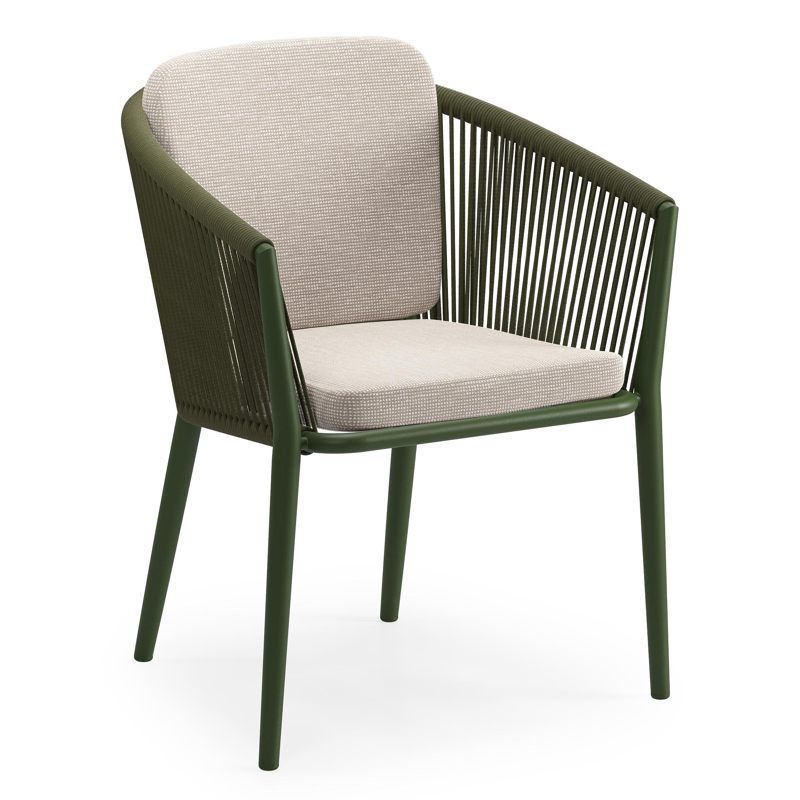 Chaise de jardin Orso en aluminium vert et corde ronde tissée verticalement vert avec coussin en All Weather Sunbrella® Luxe Slow Farafra