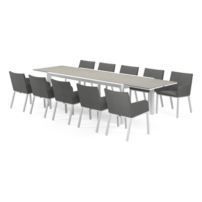 Aspra tuinset met verlengbare tafel in wit aluminium en grijs volkeramiek op glas tafelblad met 10 Rivo tuinstoelen