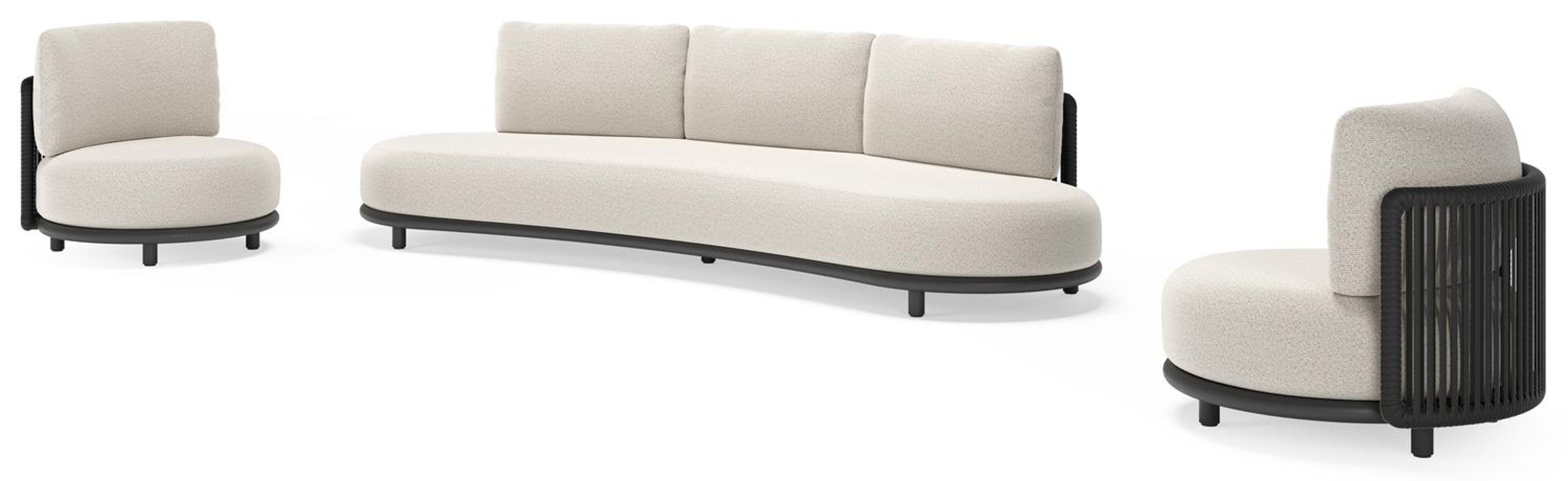 Lomano loungeset in zwart aluminium en zwart verticaal geweven luxe vlakke rope met firenze natural all weather solica kussen