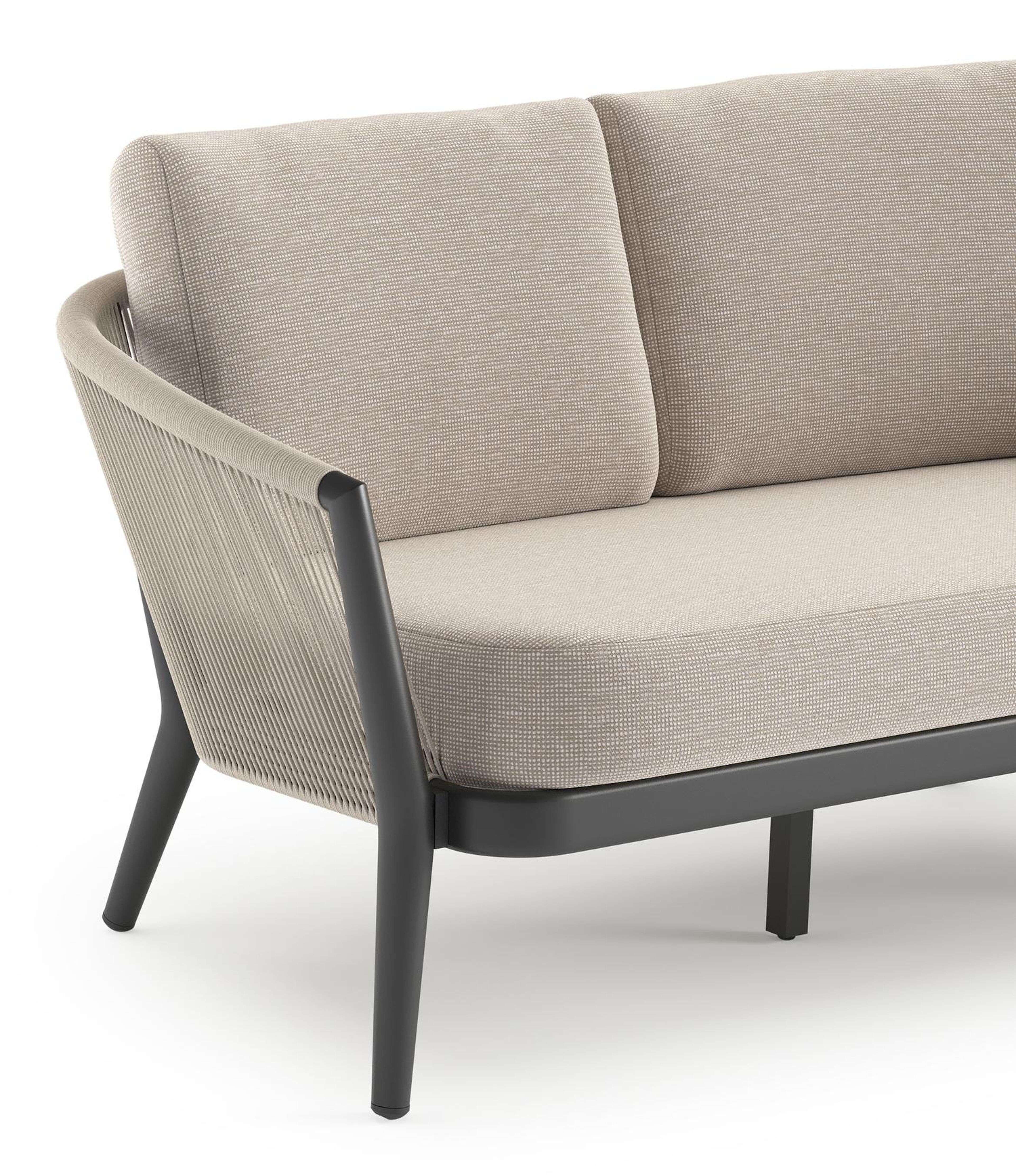 Orso loungebank in zwart aluminium en beige verticaal geweven ronde rope met Slow Farafra all weather sunbrella® luxe kussen