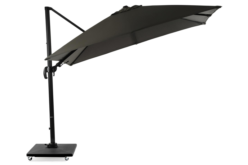Avola zweefparasol met tiltfunctie in zwart aluminium met grijs sunbrella® premium parasoldoek - L1 300 x L2 300 cm (met voet)