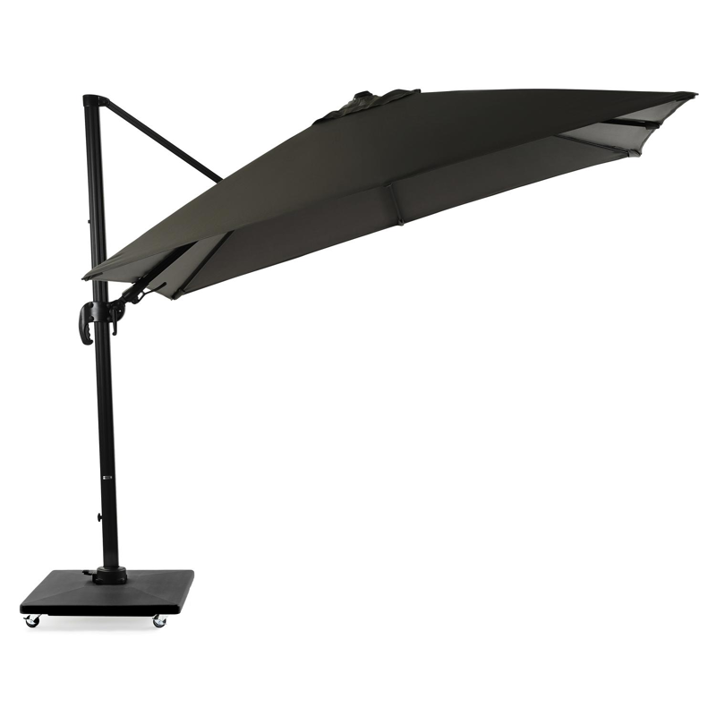 Avola zweefparasol met tiltfunctie in zwart aluminium met grijs sunbrella® premium parasoldoek - L1 300 x L2 300 cm (met voet)
