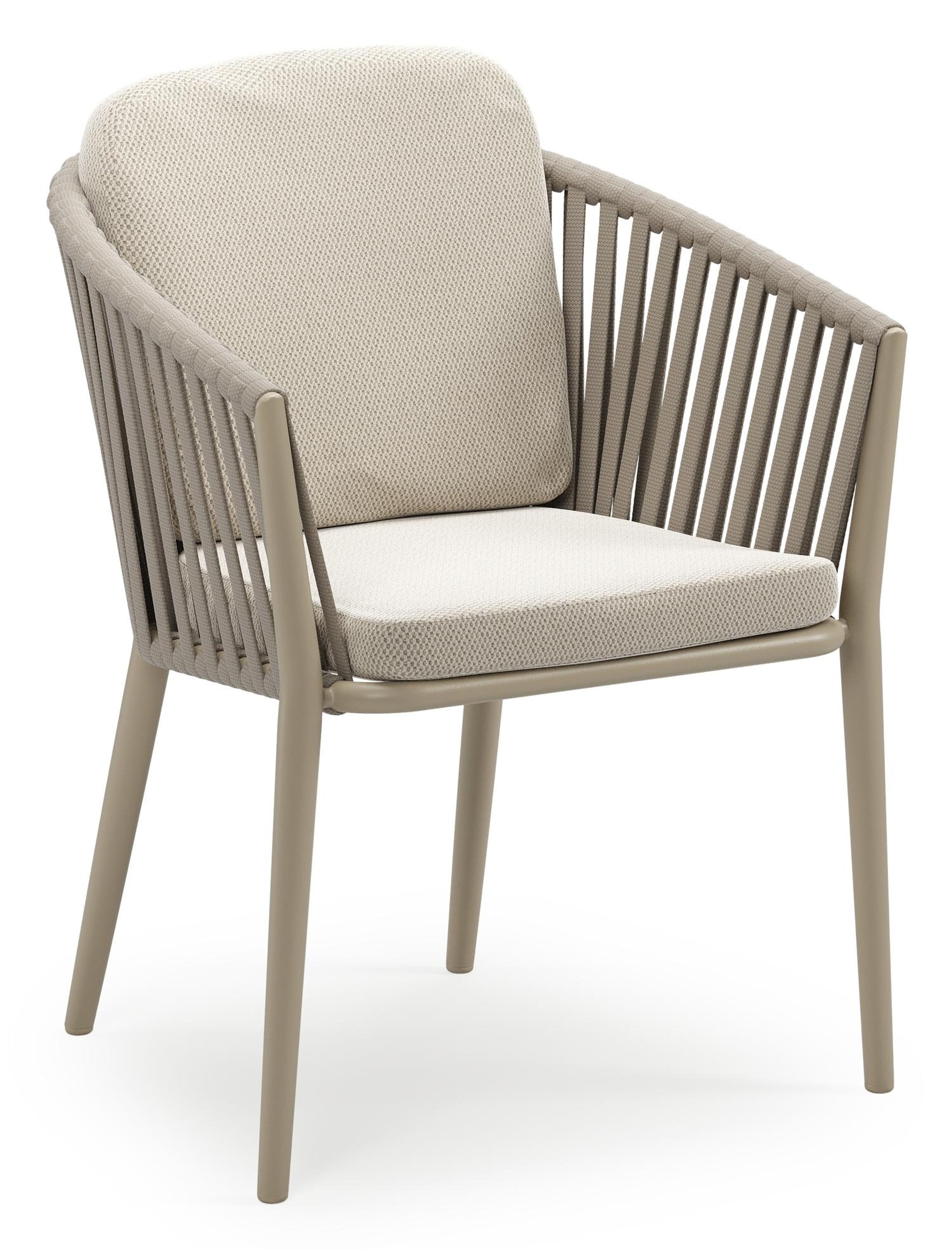 Chaise de jardin empilable Orso en aluminium beige et corde large plate de luxe tissée verticalement beige avec coussin en All Weather Sunbrella® Luxe Lopi Marble