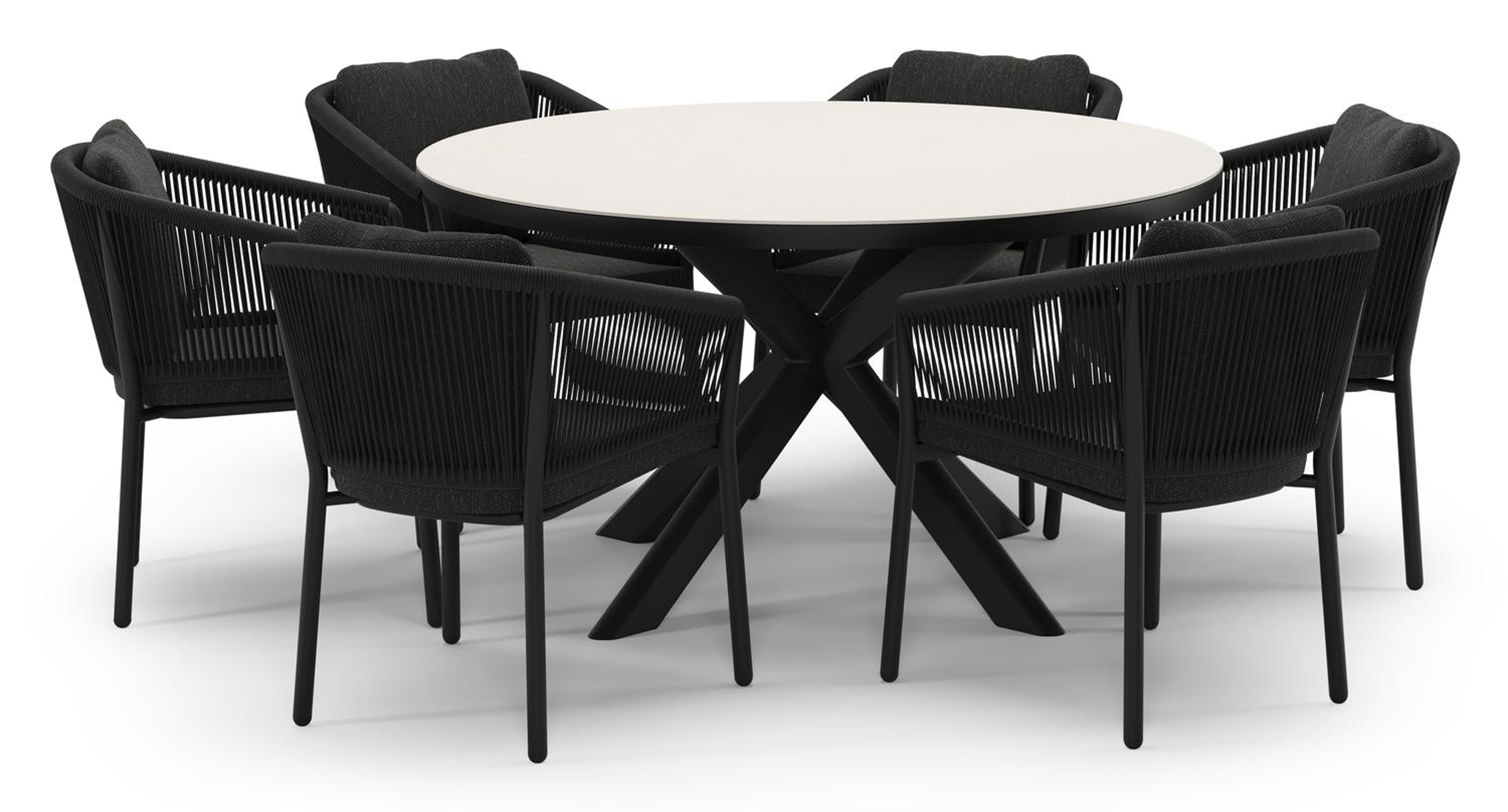 Pamplona tuinset in zwart aluminium en crema minerale sintered stone met 6 Gerona tuinstoelen