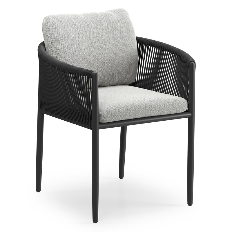 Organo tuinstoel in beige aluminium en beige verticaal geweven ronde rope met stoelkussen in All Weather Sunbrella® Luxe Savane Nimbus