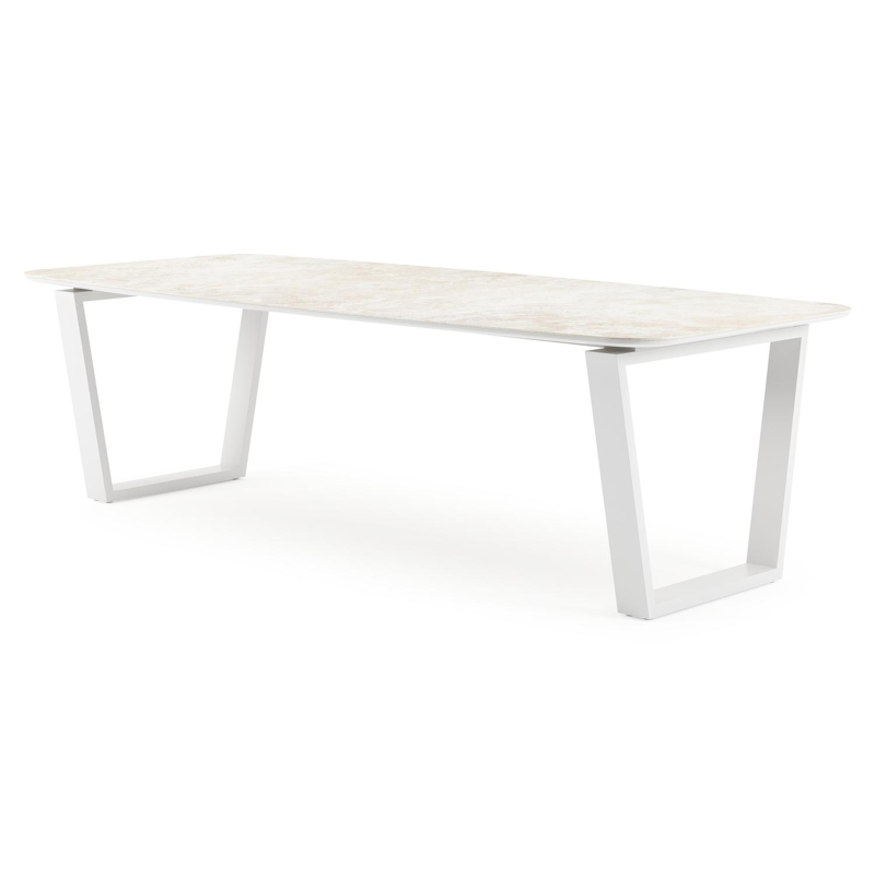 Table de jardin Pagino forme de bateau en aluminium blanc et céramique pleine Rapolano Lg. 255 x Lrg. 115 cm