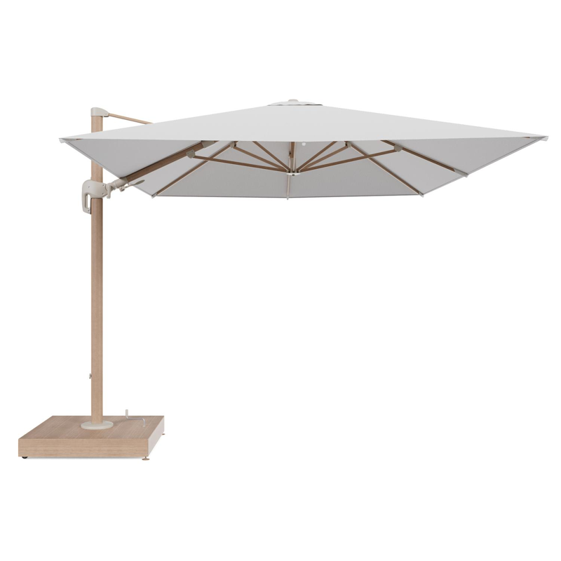 Rufina zweefparasol met tiltfunctie in houtlook aluminium en Ego Birch All Weather Solica parasoldoek - L1 400 x L2 300 cm met parasolvoet Minore 260 kg met wielen
