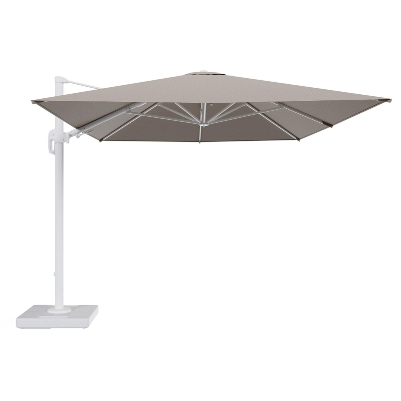 Rufina zweefparasol tiltfunctie in wit aluminium en parasoldoek in All Weather Solica Firenze Earth - L1 400 x L2 300 cm met parasolvoet Lapido 160 kg