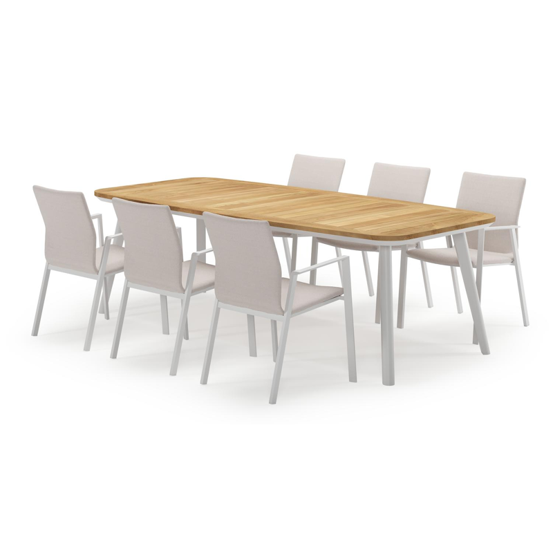 Mosa bootvormige tuinset in wit aluminium en teak natural finish met 6 Madura tuinstoelen