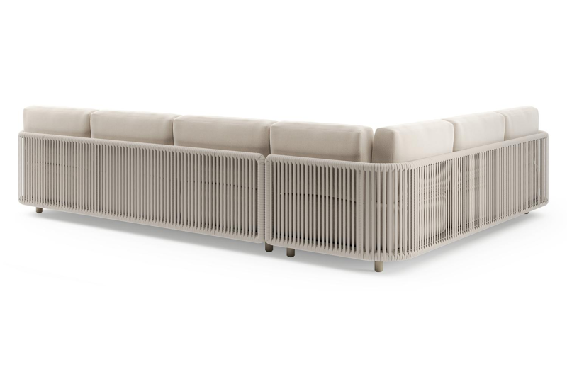 Organo loungehoek in beige aluminium en beige verticaal geweven luxe vlakke rope met lopi antique all weather Sunbrella® luxe kussen