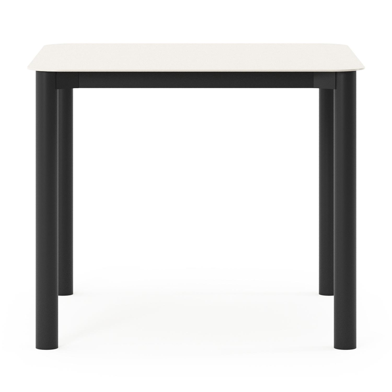 Table de jardin Orso carré arrondi en aluminium noir et céramique pleine beige - Lg. 90 x Lrg. 90 x Haut. 75 cm