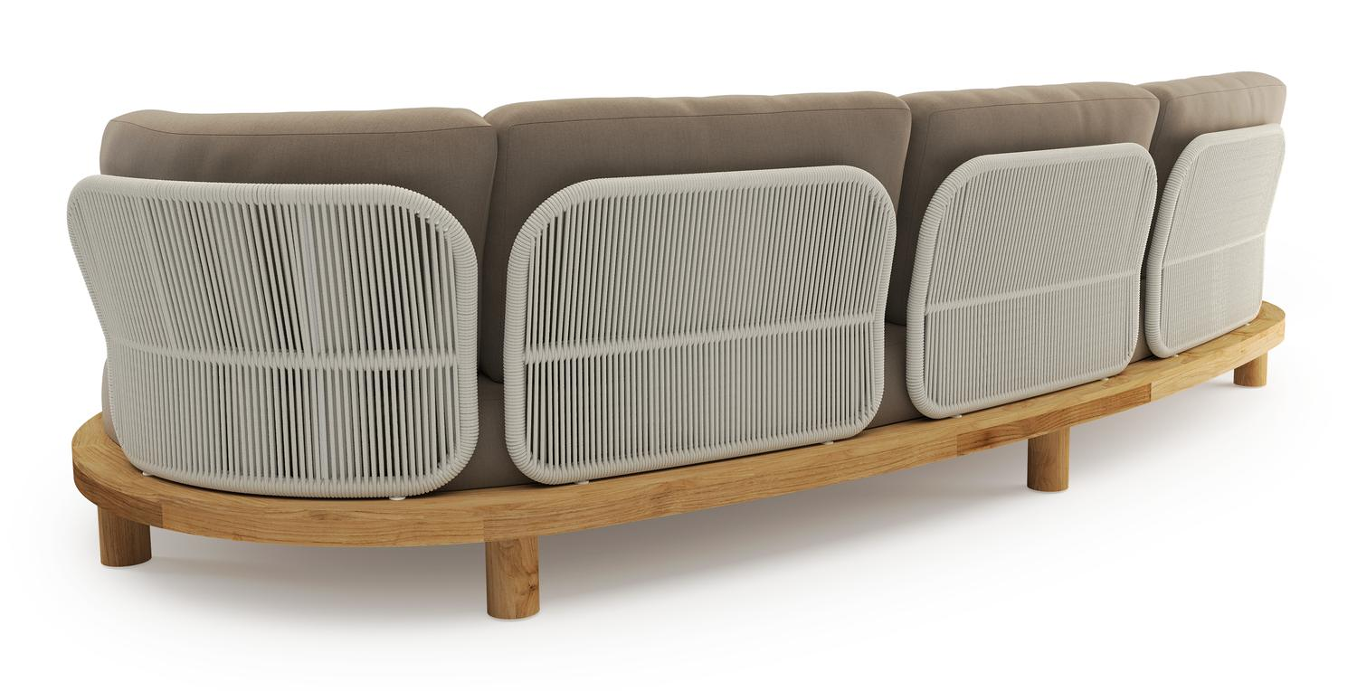 Canapé de jardin Donato en teck et coussins en all weather sunbrella® luxe natte heather grey