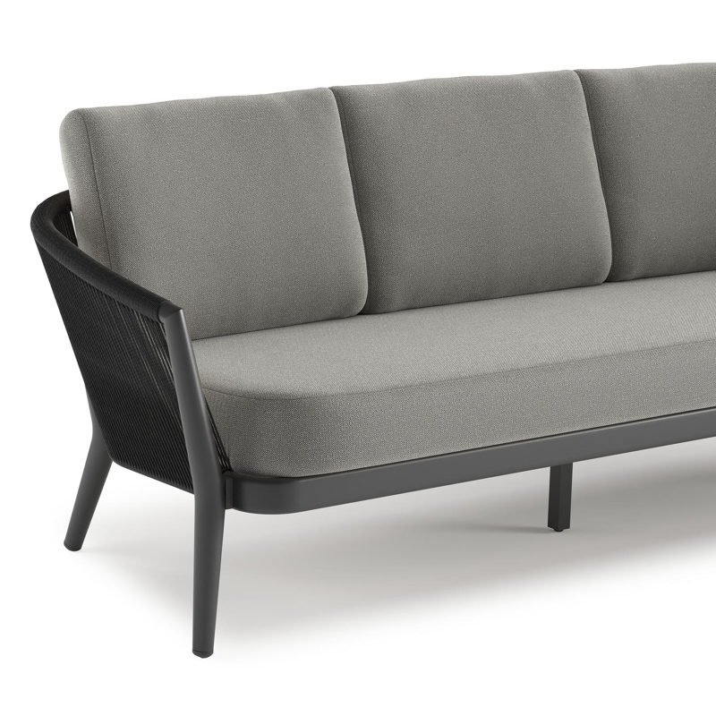 Orso loungebank in zwart aluminium en zwart verticaal geweven ronde rope met Savane Zinc all weather sunbrella® luxe kussen