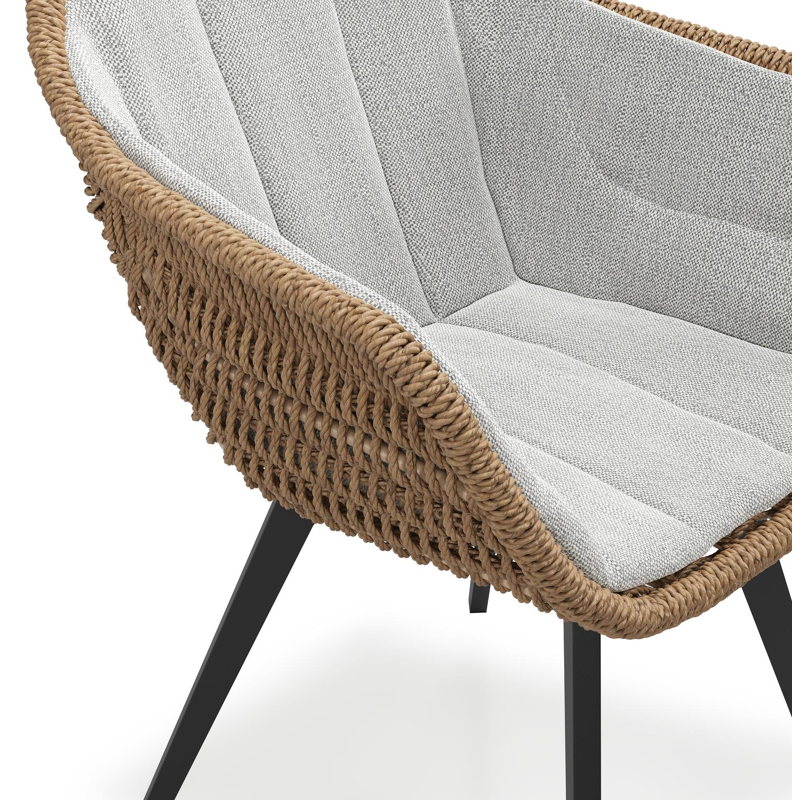 Pagino tuinstoel in zwart aluminium en bruin ronde wicker met zitkussen in All Weather Sunbrella® Luxe Savane Nimbus
