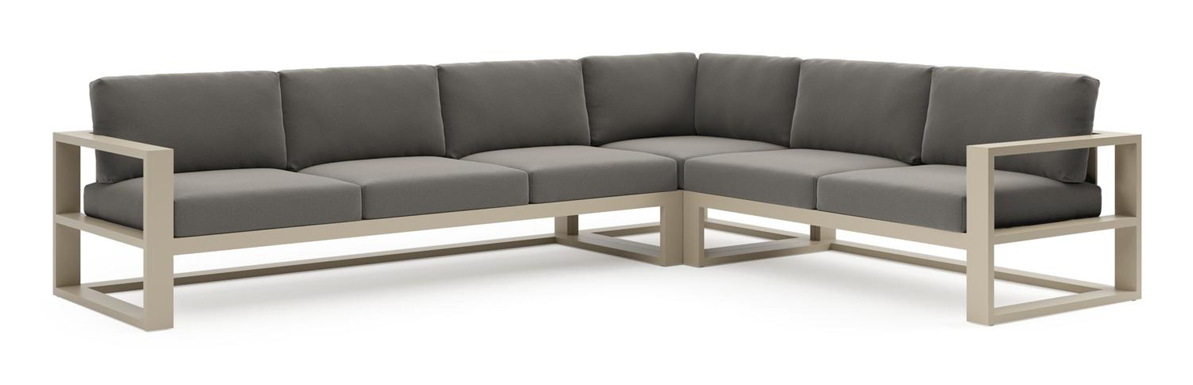 Verato loungehoek in beige aluminium met natte dark taupe all weather sunbrella® luxe kussen