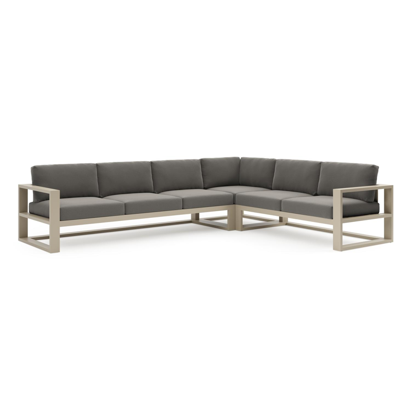 Verato loungehoek in beige aluminium met natte dark taupe all weather sunbrella® luxe kussen